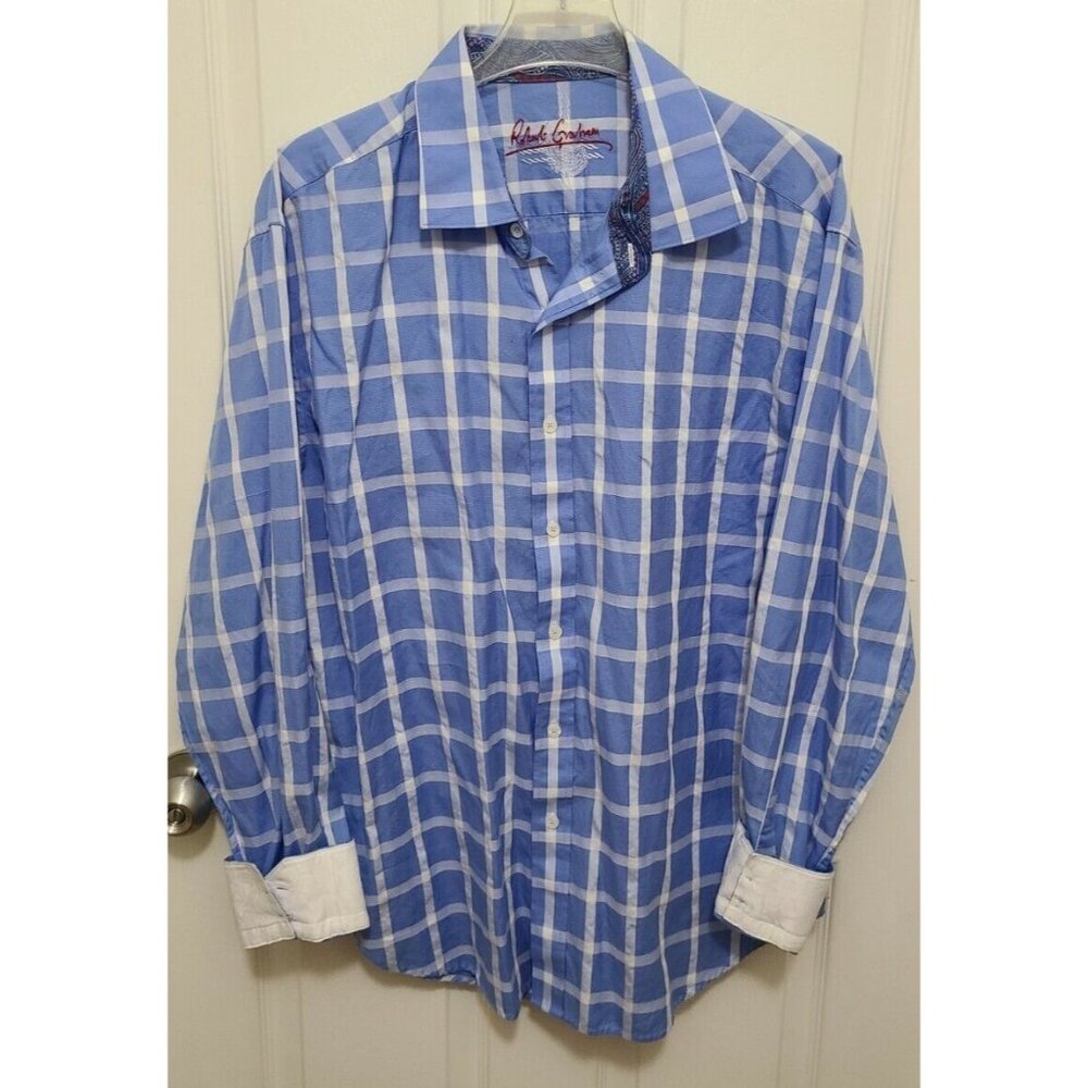 Robert Graham Mens Long Sleeve Button Up Shirt Blue Plaid/White Flip Cuffs 2XL